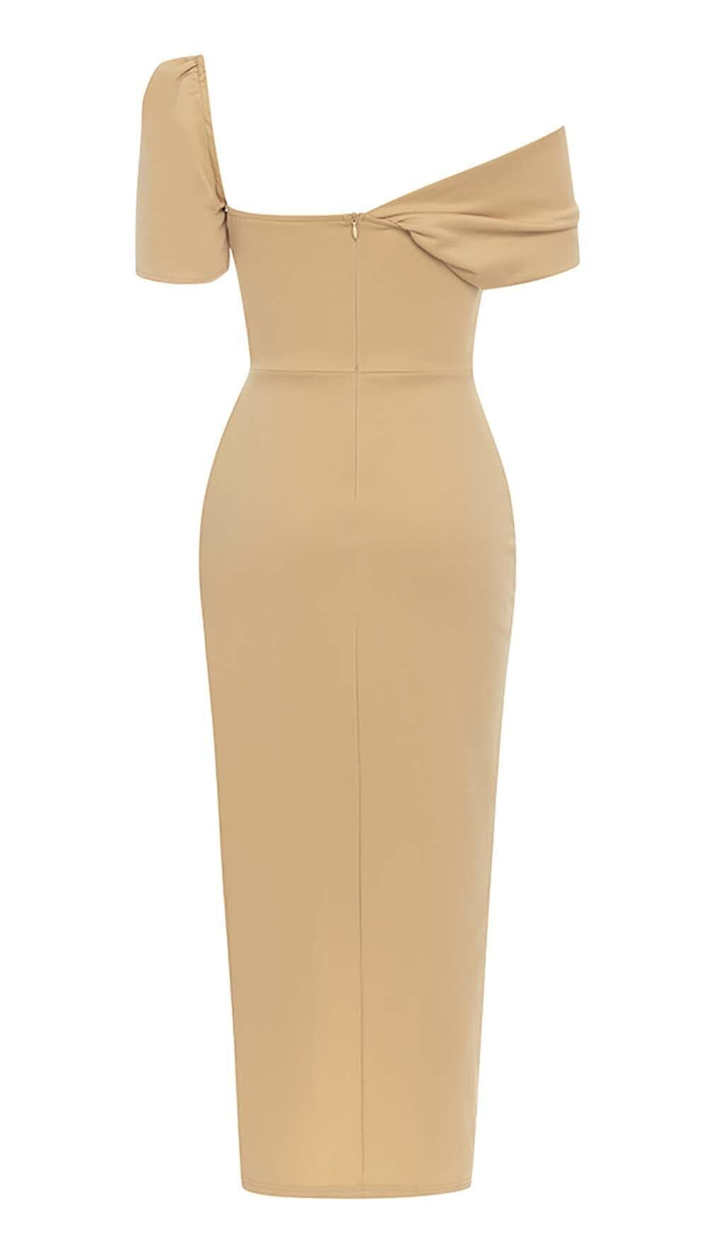 ONE SHOULDER BANDAGE MAXI DRESS IN APRICOT