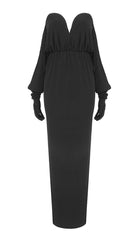 STRAPLESS DRAPED KNITTED MAXI DRESS IN NOIR