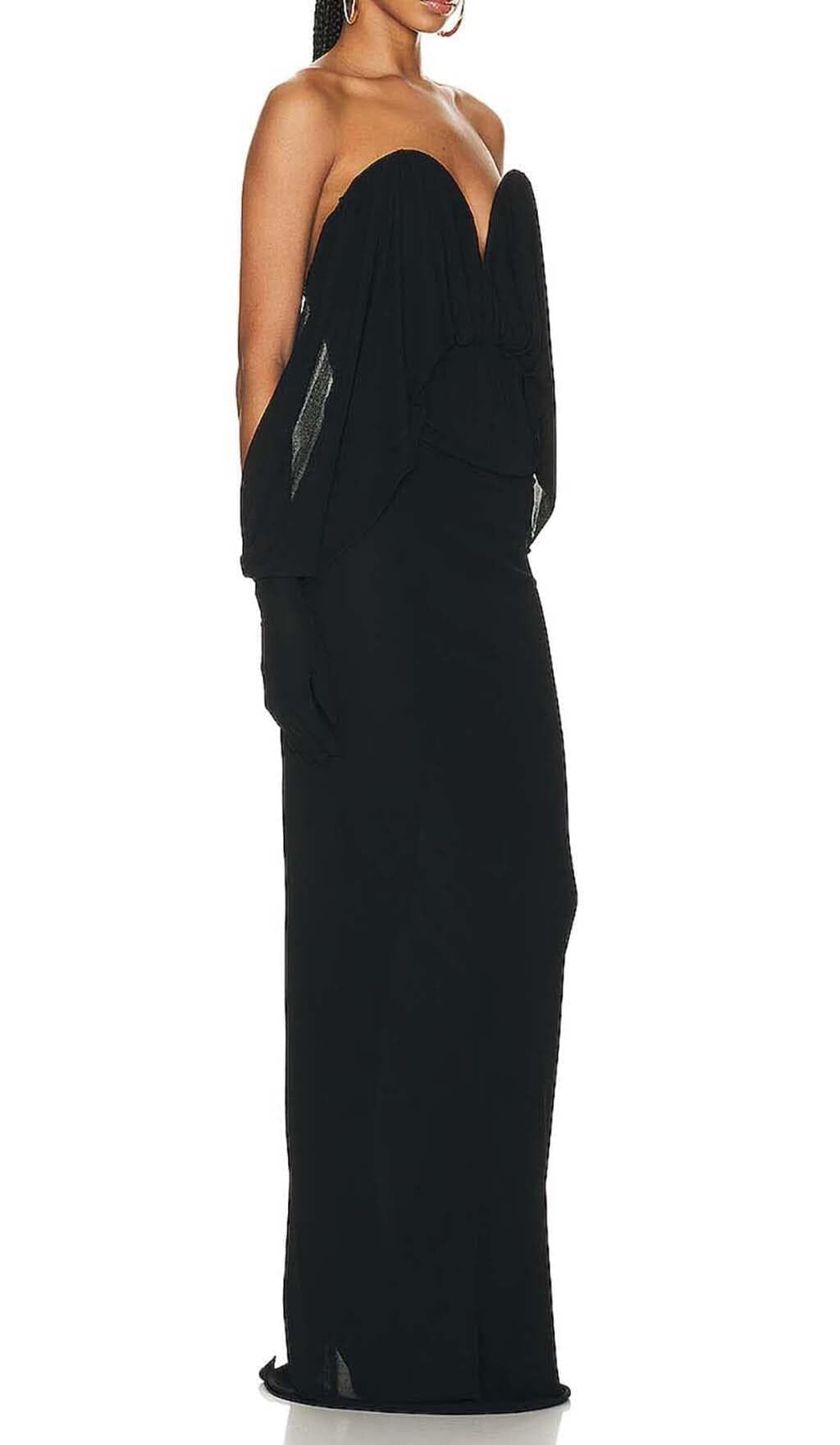 STRAPLESS DRAPED KNITTED MAXI DRESS IN NOIR