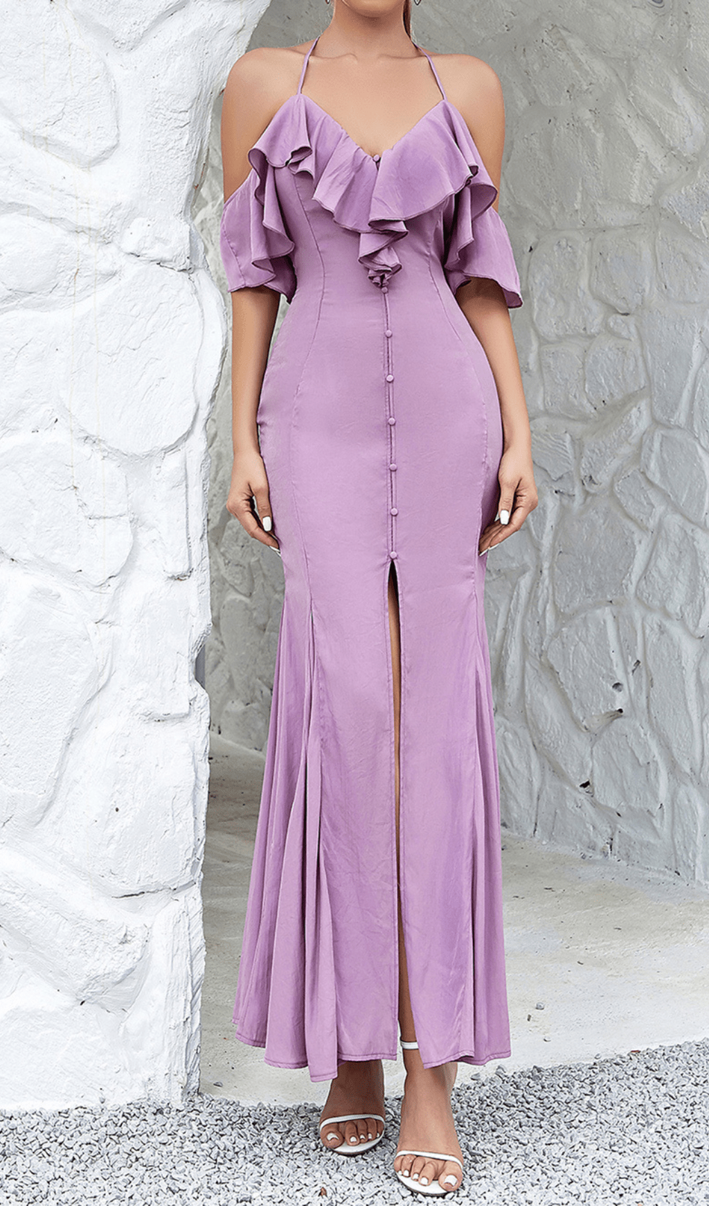 OFF-THE-SHOULDER PLEATED SLIT RUFFLED MAXI DRESS