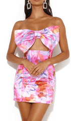 STRAPLESS LARGE BOW DECORATED PRINTED HIP MINI DRESS