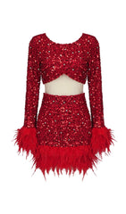LONG SLEEVE PATCHWORK SEQUIN DRESS IN RED