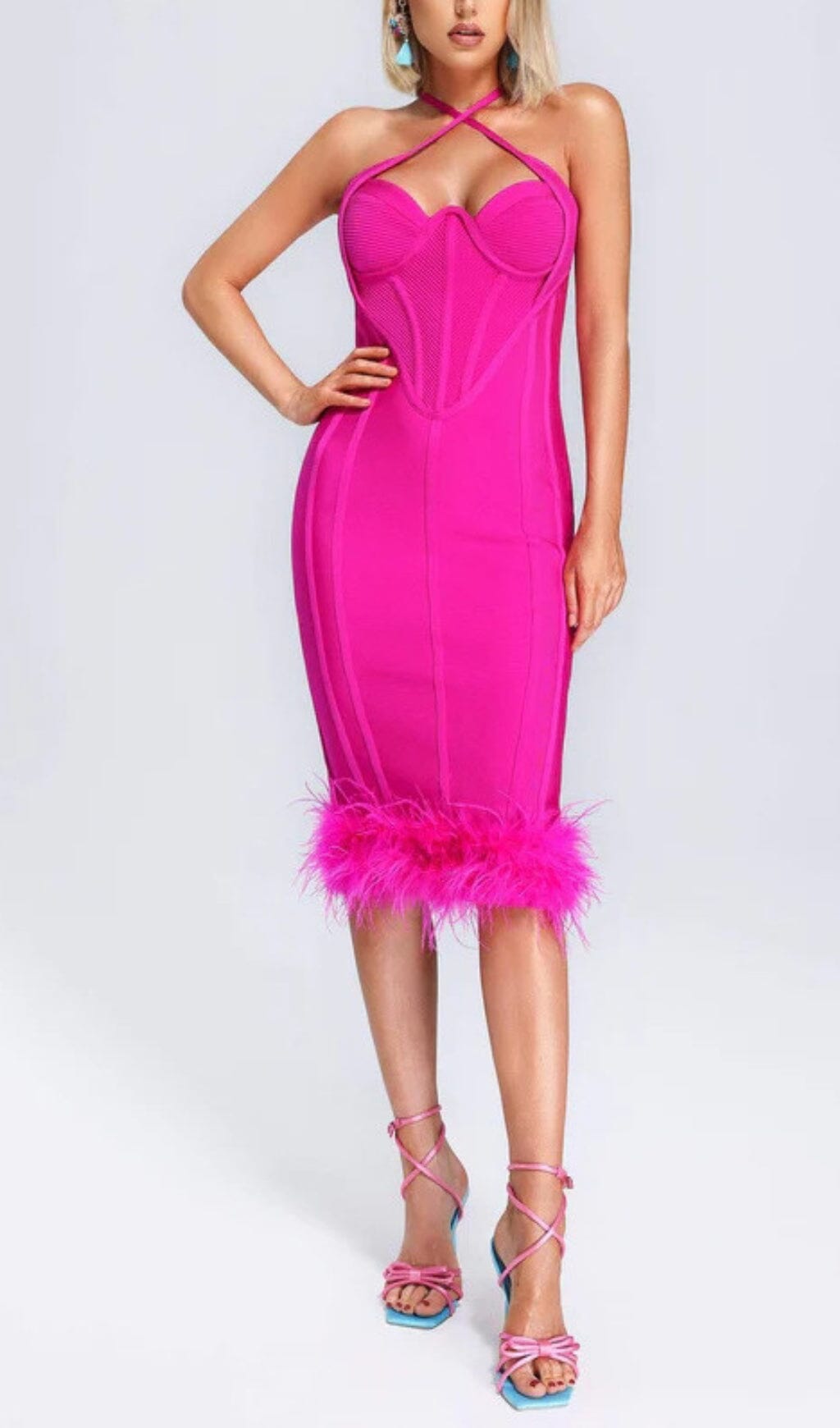 ROSE RED OSTRICH FEATHER HALTER NECK BACKLESS TIGHT DRESS