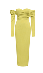YELLOW ONE-SHOULDER STRAPLESS LONG-SLEEVED PLEATED MAXI DRESS