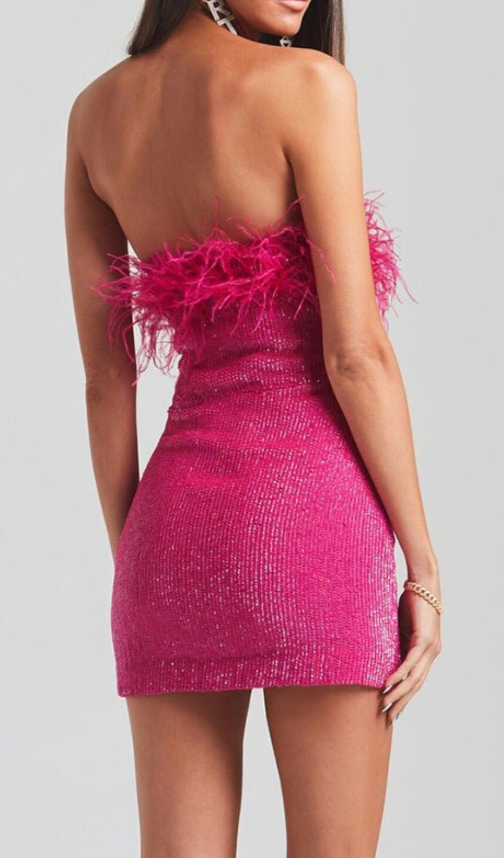 SEQUIN FEATHER STRAPLESS MINI DRESS IN PINK