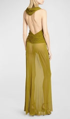 GINGER YELLOW SHEER EVENING GOWN WITH DRAPED HOOD
