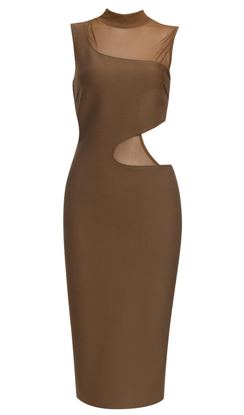 CUT OUT MIDI DRESS IN BROWN
