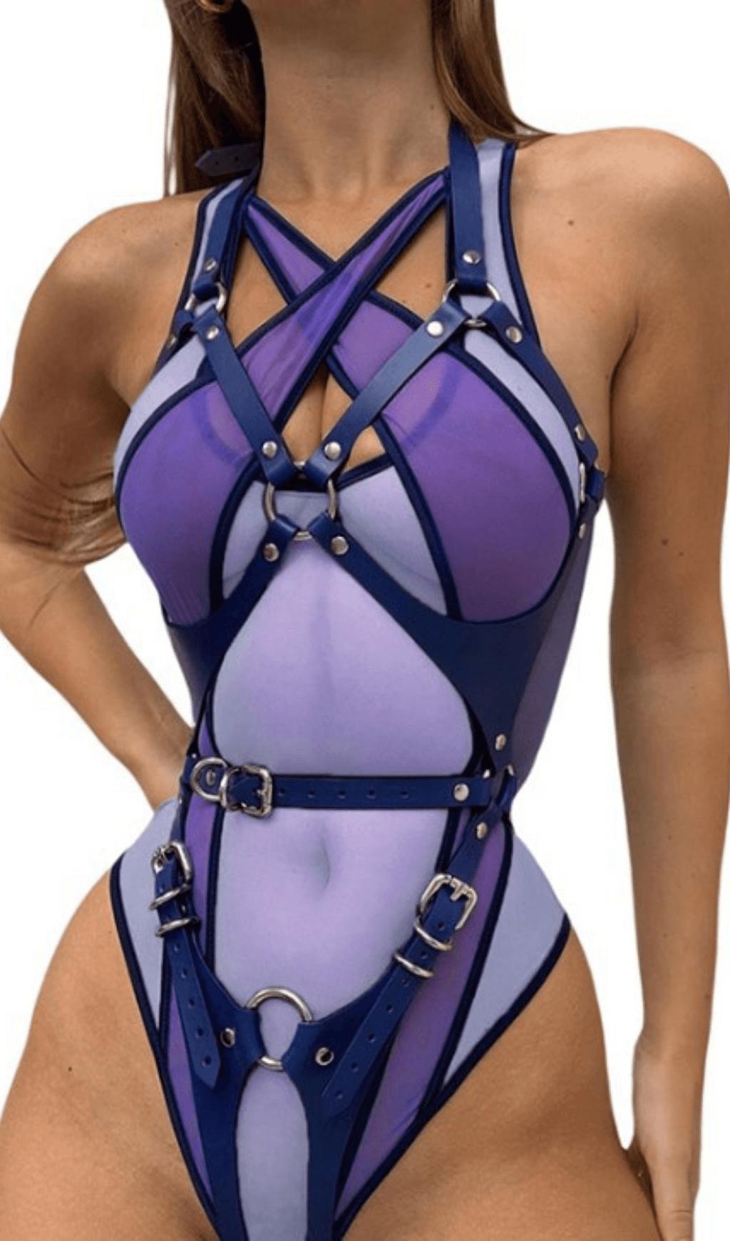 Purple Contrast panel mesh bodysuit.