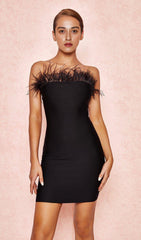 FEATHER STRAPLESS DRESS IN BLACK