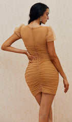 TAN PUFF SLEEVE RUCHED DRESS