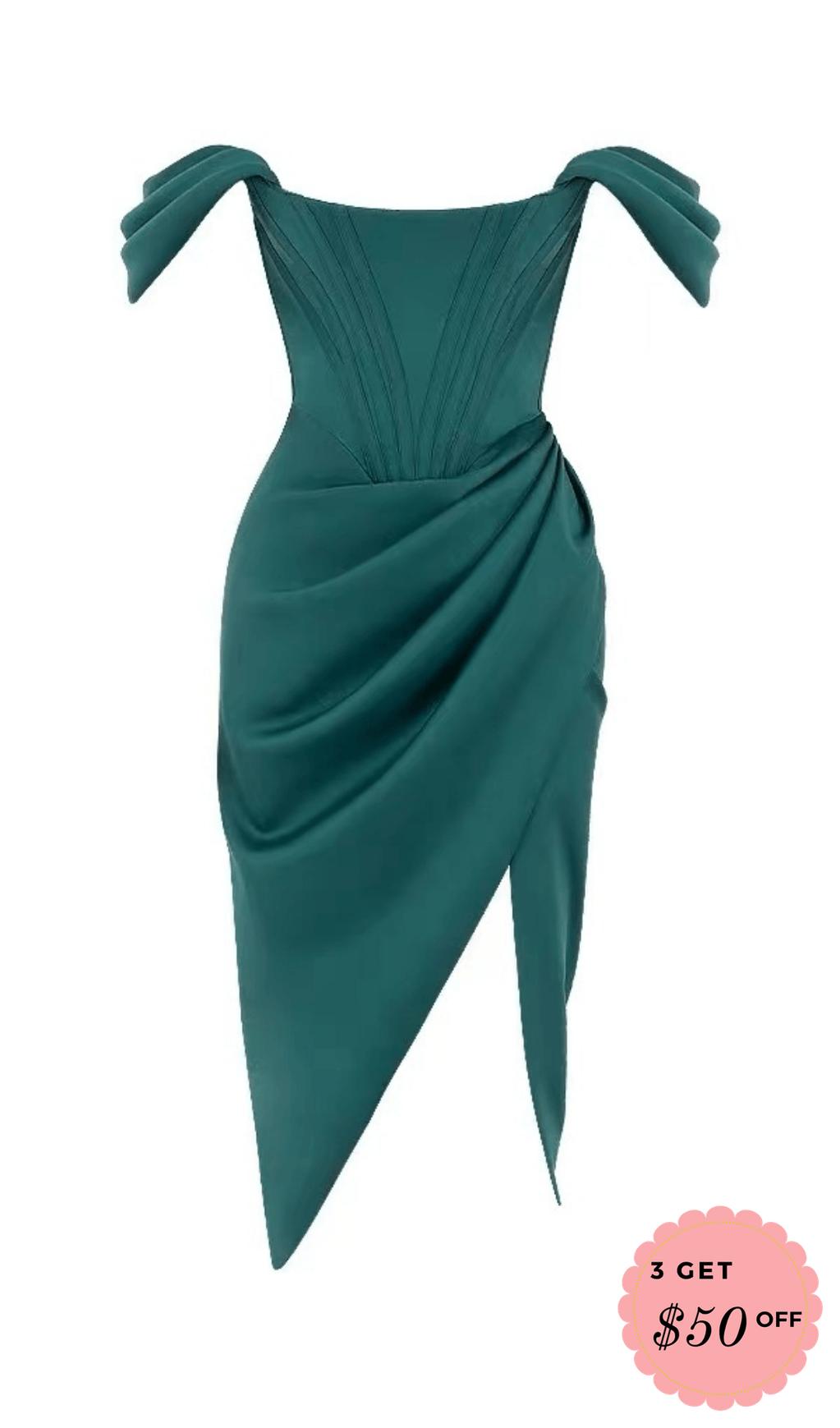 EMERALD STAIN STRAPLESS RUCHED MIDI DRESS