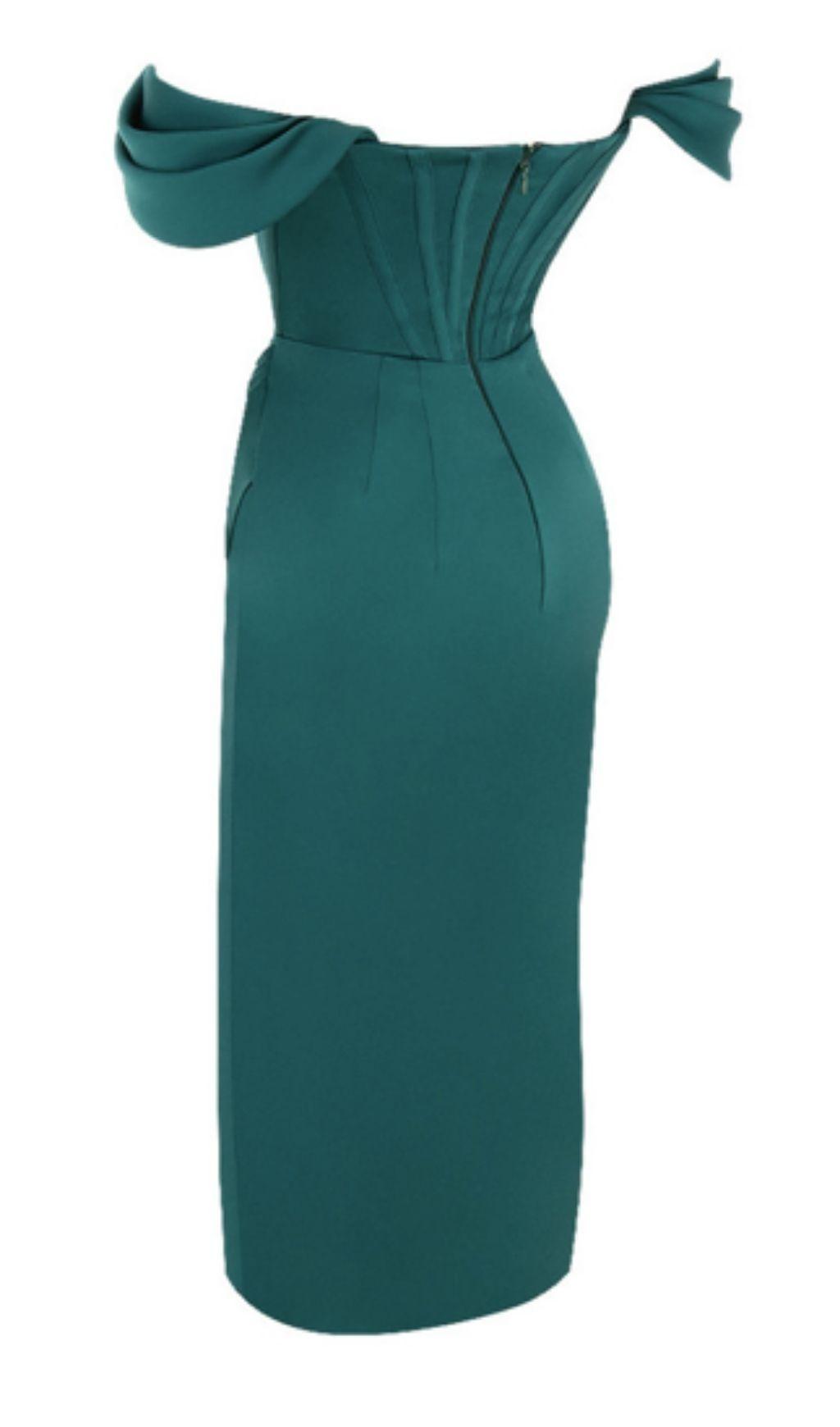 EMERALD STAIN STRAPLESS RUCHED MIDI DRESS