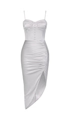 SATIN RUCHED DRESS IN GREY