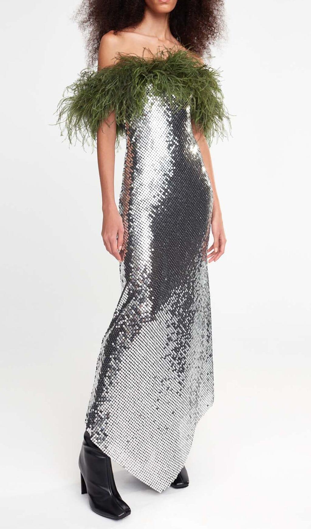 FEATHERED SEQUINED MAXI DRESS IN METALLIC SILVER