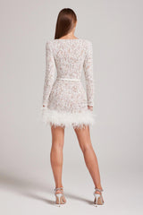 LACE FEATHER MINI DRESS IN WHITE