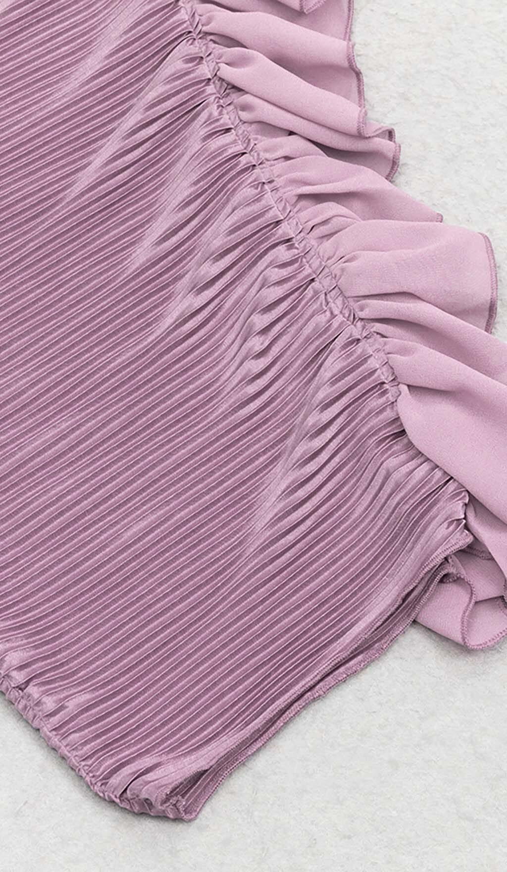 RUFFED OFF SHOULDER HIGH LOW DRESS IN LAVENDER