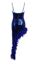 FEATHER SEQUIN MIDI DRESS IN BLUE