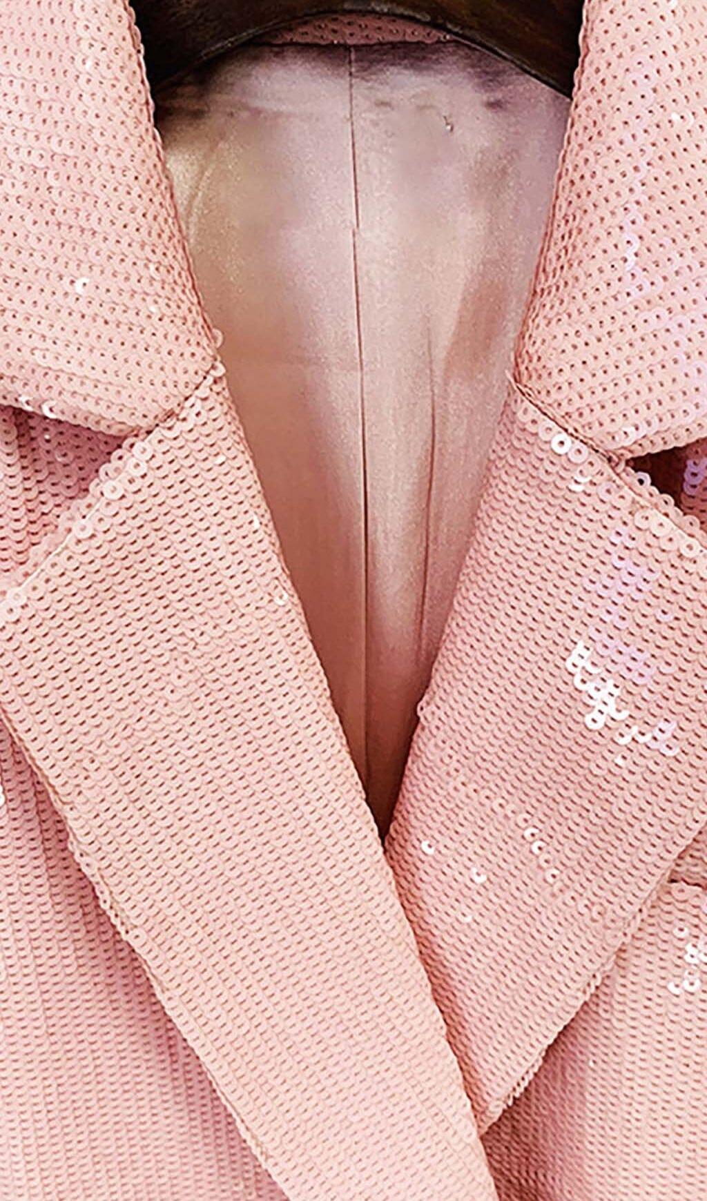 SEQUINED DOUBLE BREASTED LONG BLAZER IN PINK