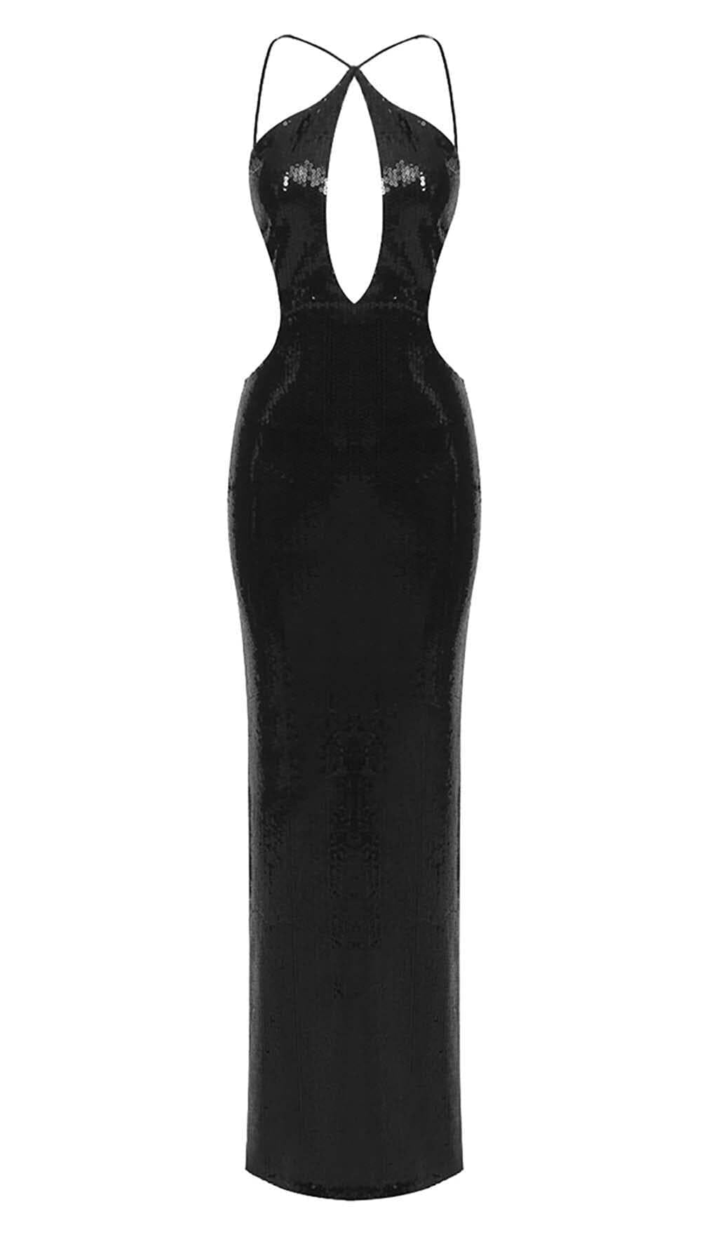 FRONT CUTOUT BACKLESS MAXI DRESS IN BLACK