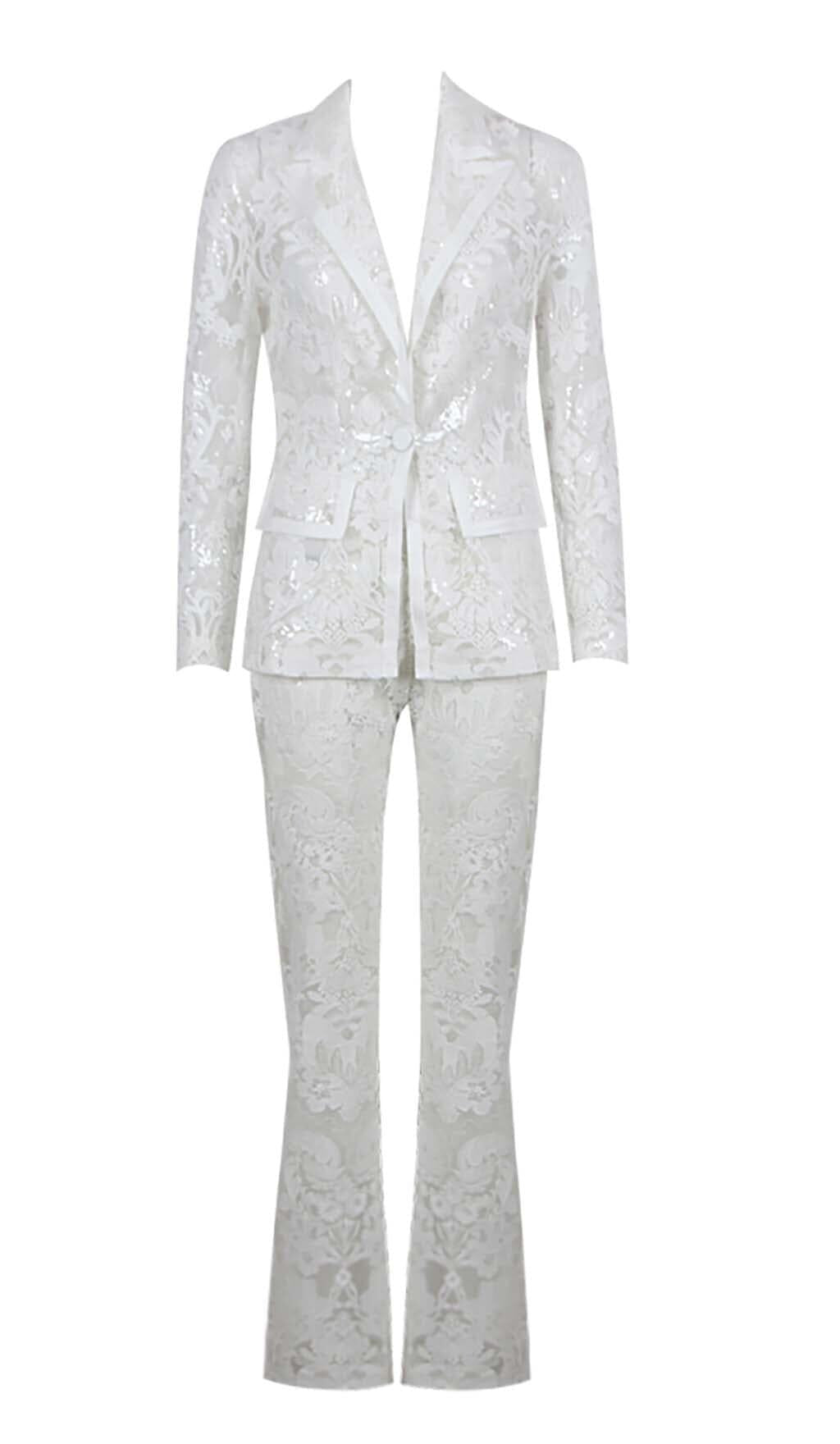 EMBROIDERED LACE MESH JACKET SUIT IN WHITE