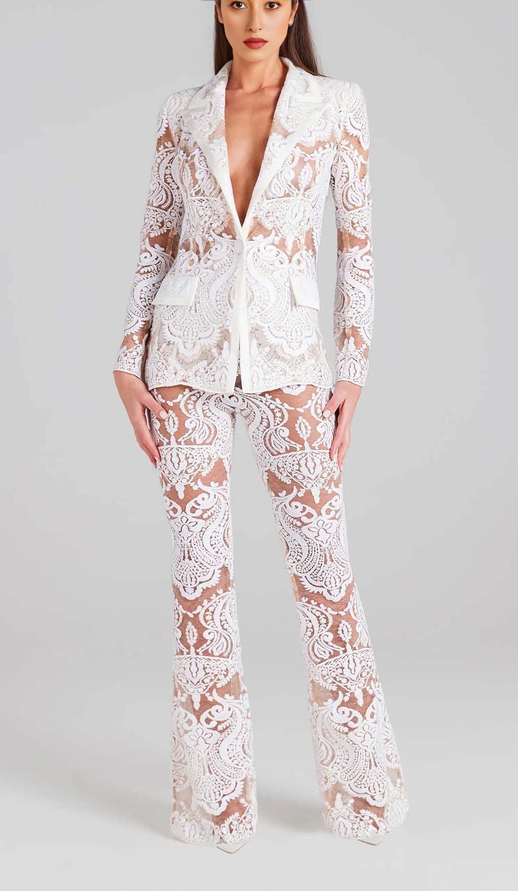 EMBROIDERED LACE MESH JACKET SUIT IN WHITE