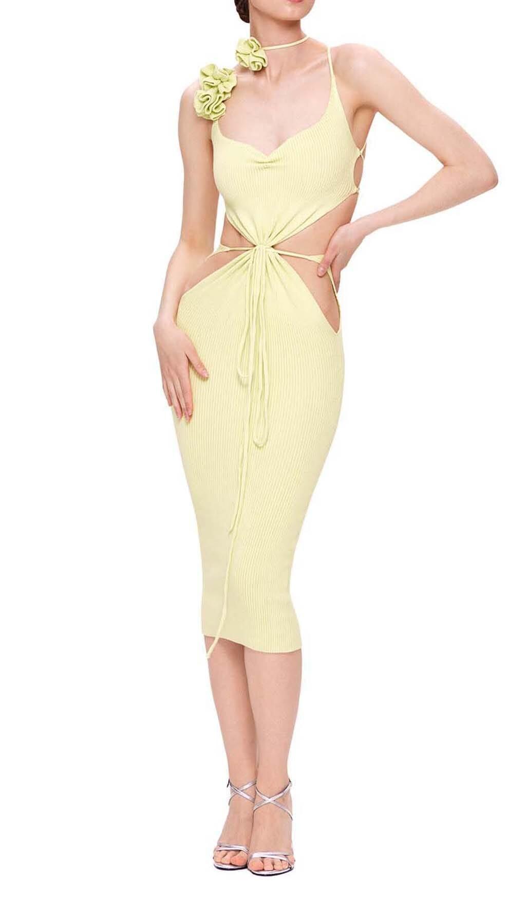 RIBBED CUT OUT MIDI DRESS IN YELLOW