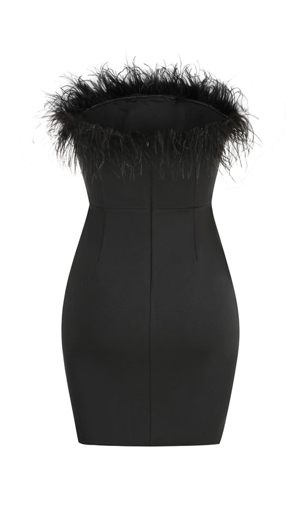 STRAPLESS FEATHER MINI DRESS IN BLACK