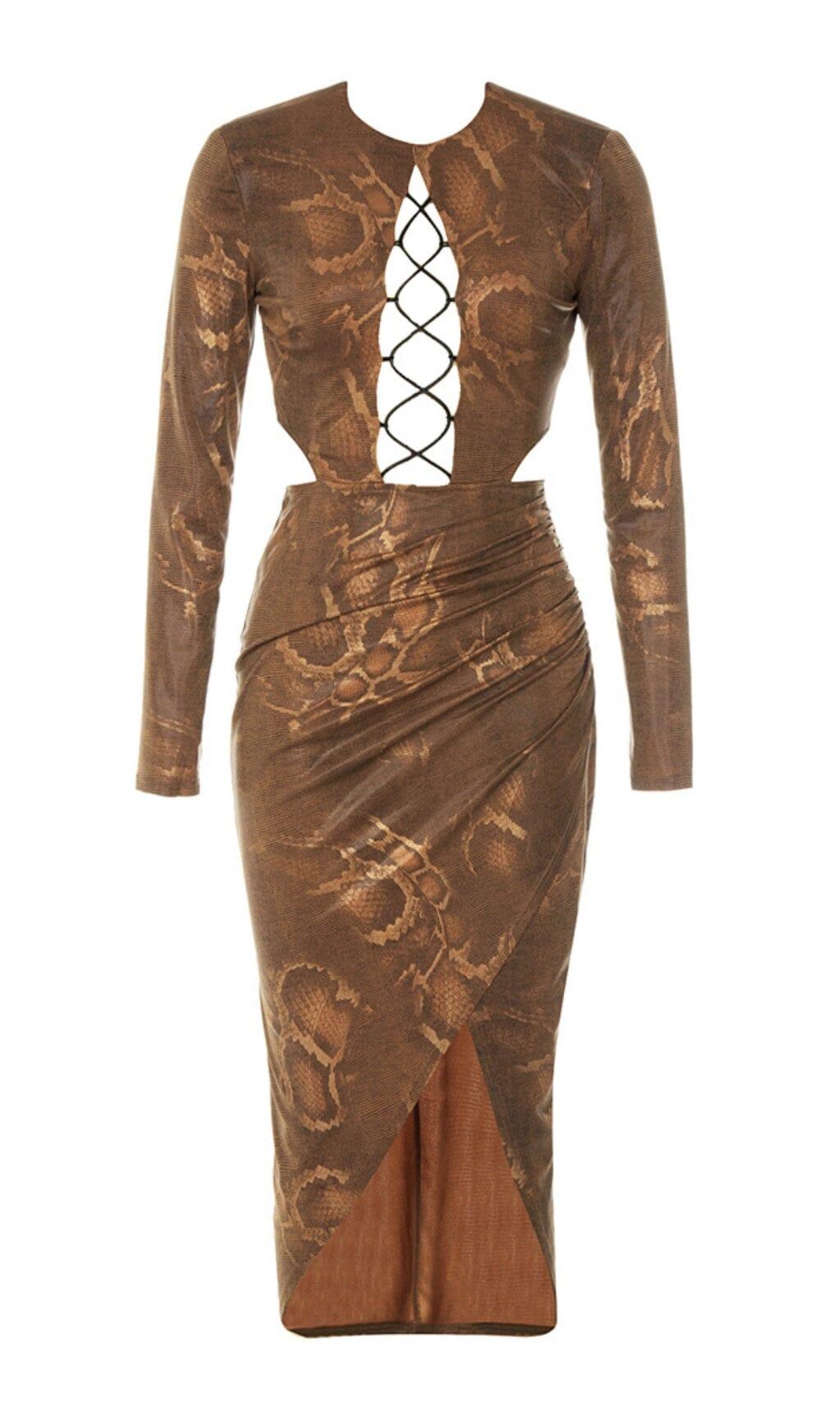 HOLLOW LEOPARD OUT MIDI DRESS IN BROWN