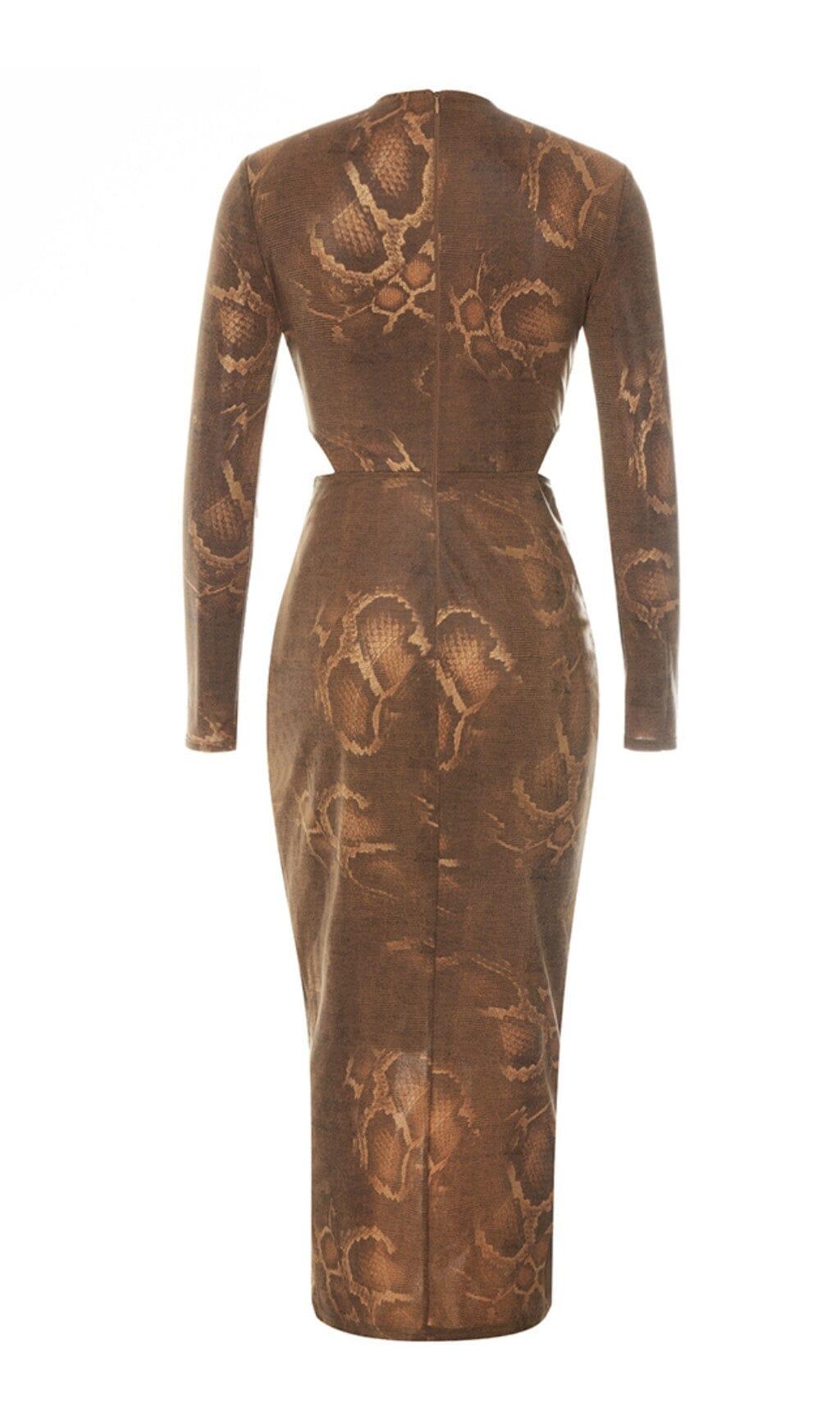 HOLLOW LEOPARD OUT MIDI DRESS IN BROWN