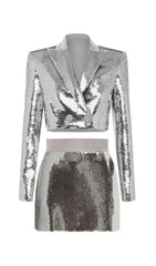 SEQUIN SHORT TWO PIECES SUIT IN SLIVER