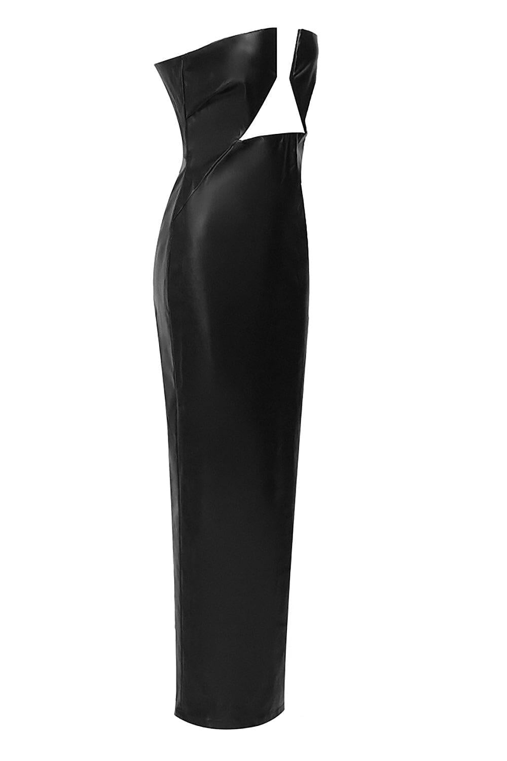 FAUX LEATHER STRAPLESS MAXI DRESS IN BLACK
