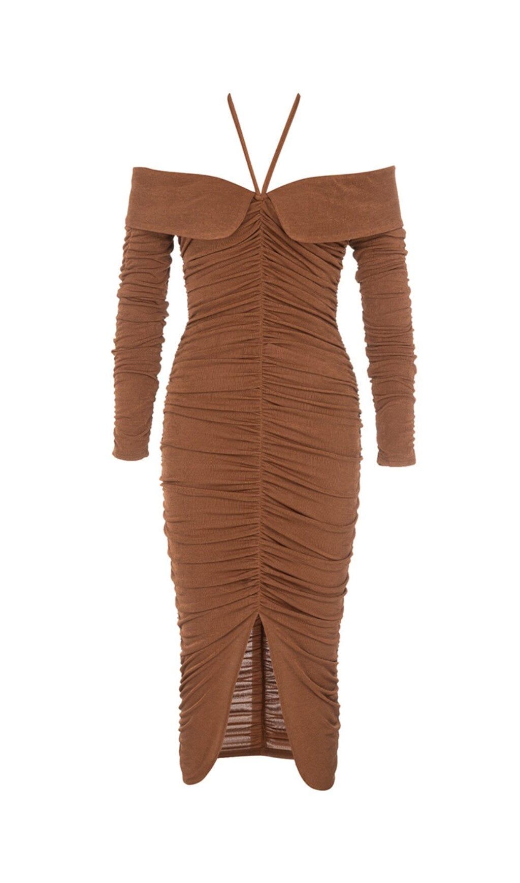 BROWN OFF-THE-SHOULDER PLEATED LONG-SLEEVED MIDI DRESS