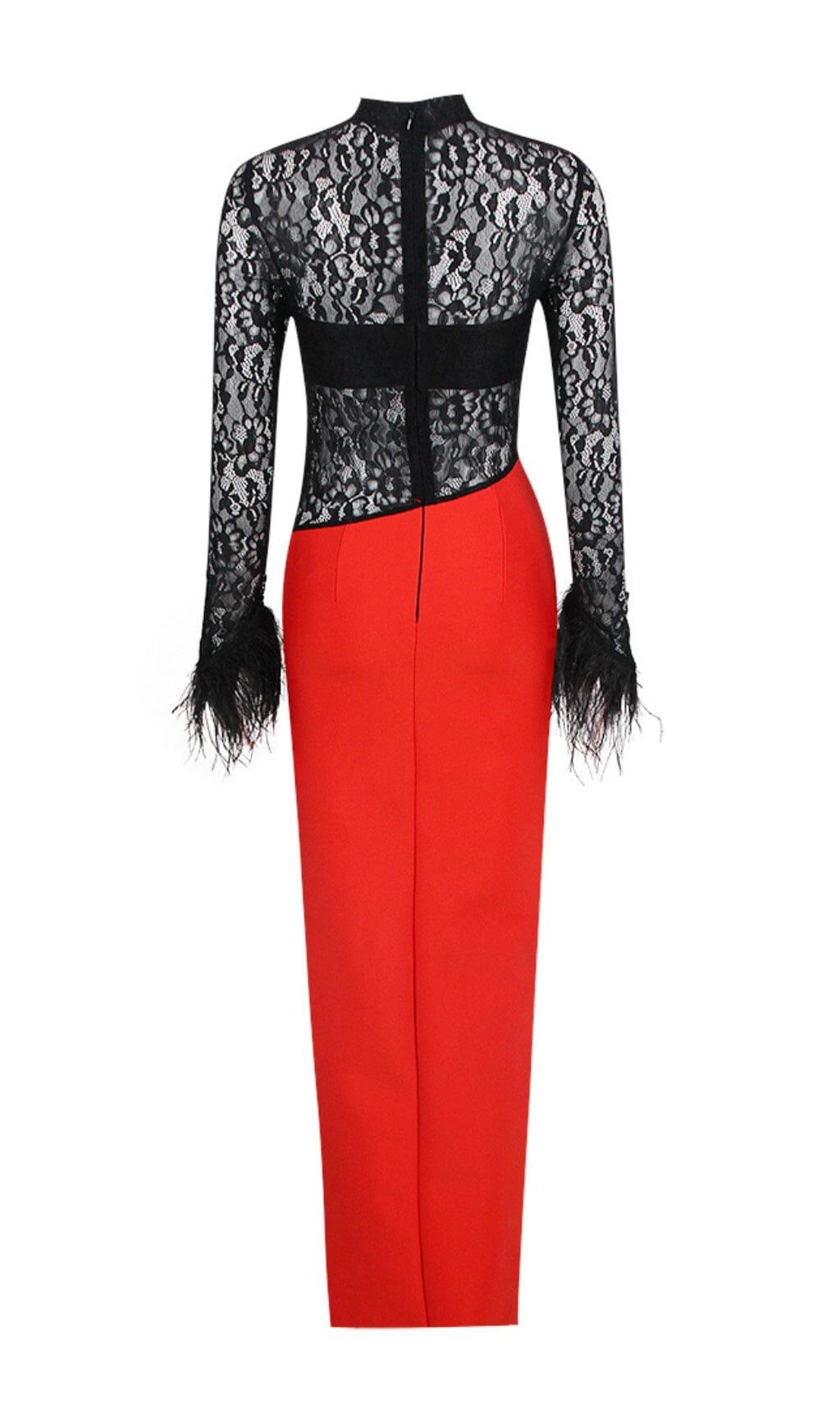 SPLICED LACE FEATHER SLIT DRESS IN BLACK AND RED