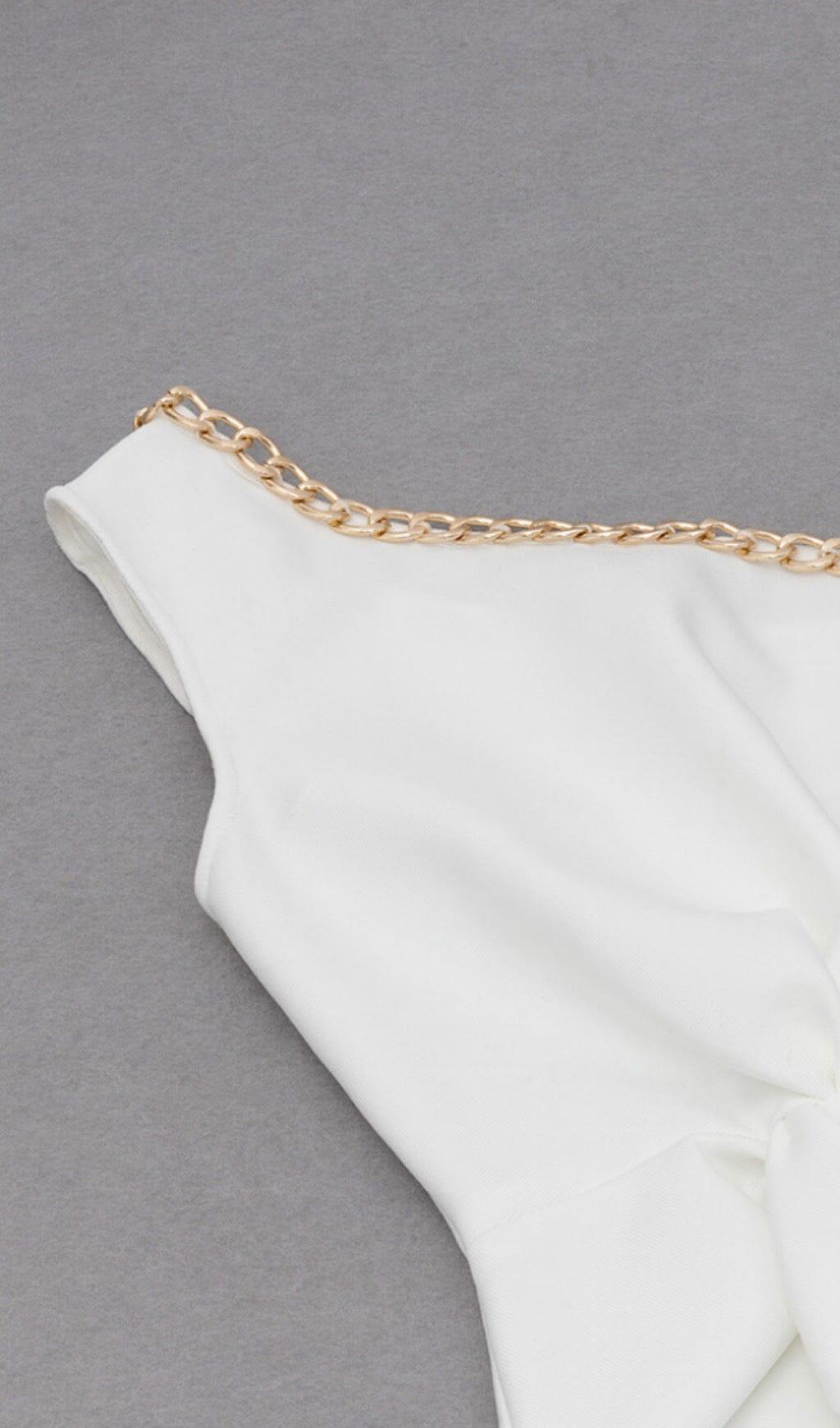 CROSS-SHOULDER CHAIN DRESS IN WHITE