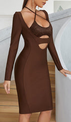 BANDAGE CUT-OUT LACE PATCHWORK EMBELLISHED DRESS COFFEE