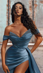 STRAPLESS SATIN-CREPE MAXI DRESS IN GREY BLUE
