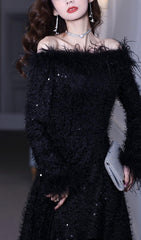 SEQUIN SEXY OFF SHOULDER FEATHER LONG SLEECES GOWN IN BLACK