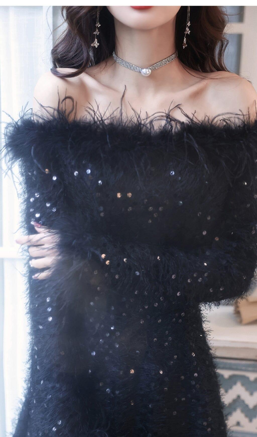 SEQUIN SEXY OFF SHOULDER FEATHER LONG SLEECES GOWN IN BLACK