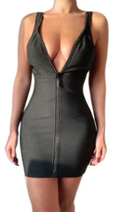 BANDAGE SEXY FRONT ZIP DRESS IN BLACK