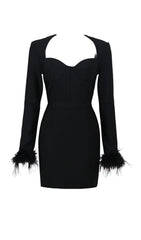 STRETCH LONG SLEEVES FEATHER MINI DRESS IN BLACK