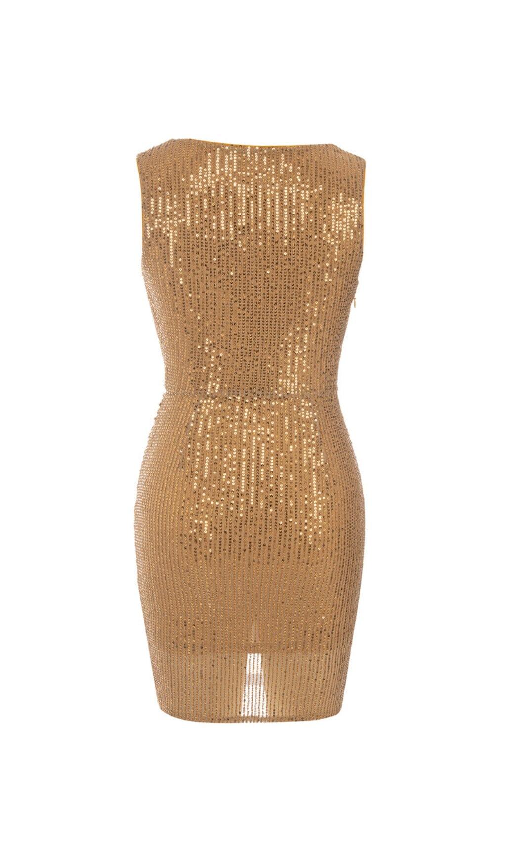 SEQUINED JERSEY WRAP-EFFECT MINI DRESS IN GOLD