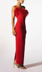 STRETCH STRAPLESS FEATHER TRIMMED GOWN IN RED